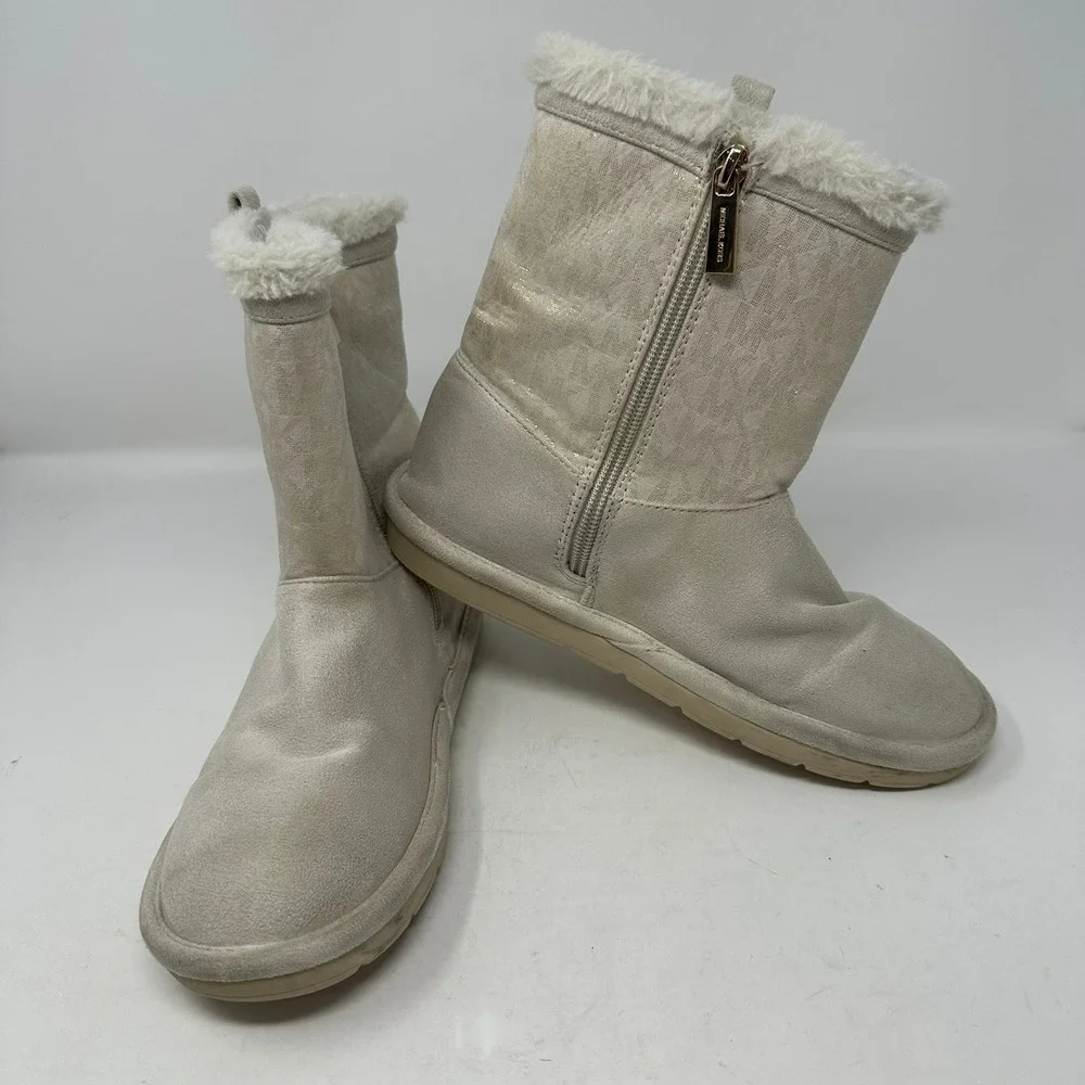Michael Kors Boots Girls 4 Beige Yancy Faux Fur Trim Metallic Monogram MKS10334C